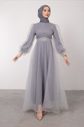 Tulle Overlay Modest Maxi Dress-Grey