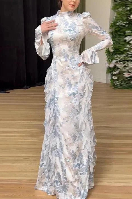 Premium Satin Floral Print Modest Maxi Dress with Adjustable Waist Tie