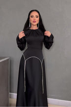 Ayla Flare Sleeve Chain Trim Satin Maxi-Black
