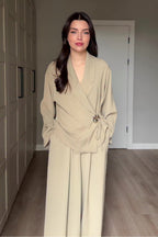 Elsa Floral Buckle Wrap Pant Suit-Apricot