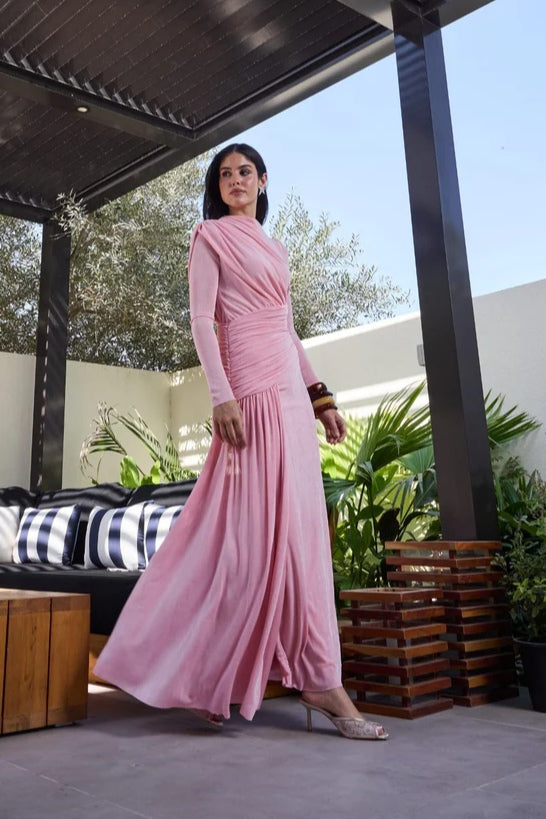 Hana Draped Ruched Split Maxi Dress-Pink