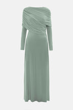 Draped Long-Sleeve Maxi Dress-Green