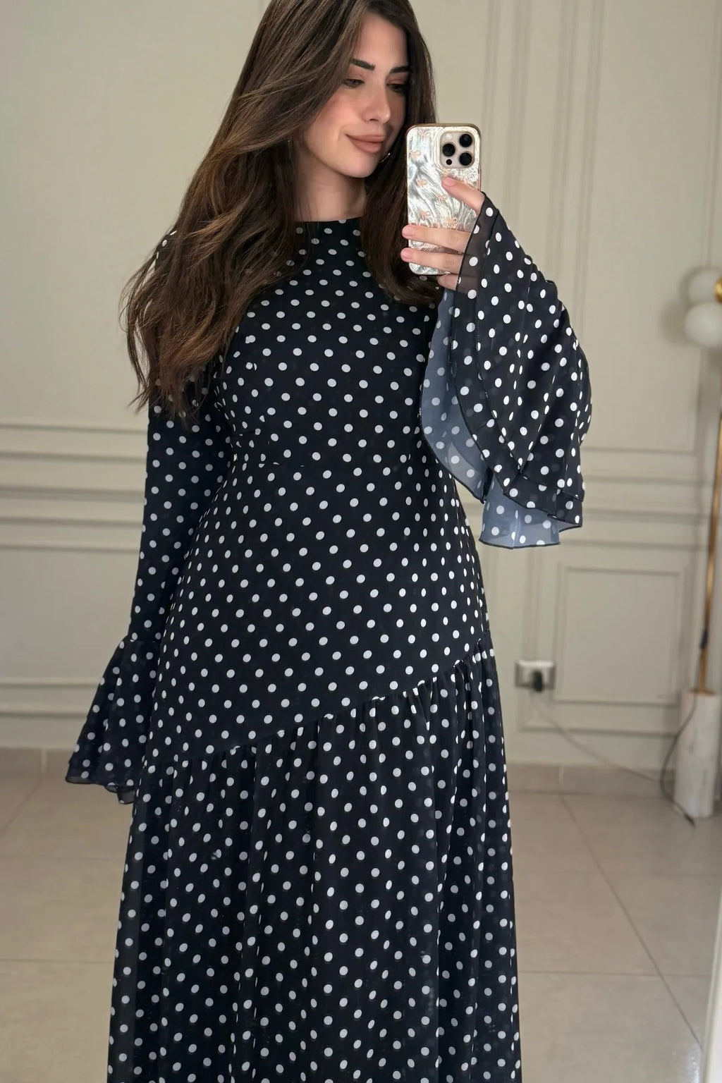 Bella Polka Dot Asymmetrical Maxi Dress-Black