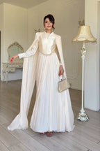 Serena Cape Sleeve Pleated Maxi Gown