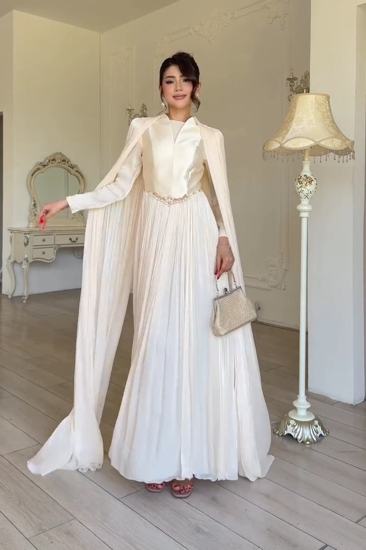 Serena Cape Sleeve Pleated Maxi Gown