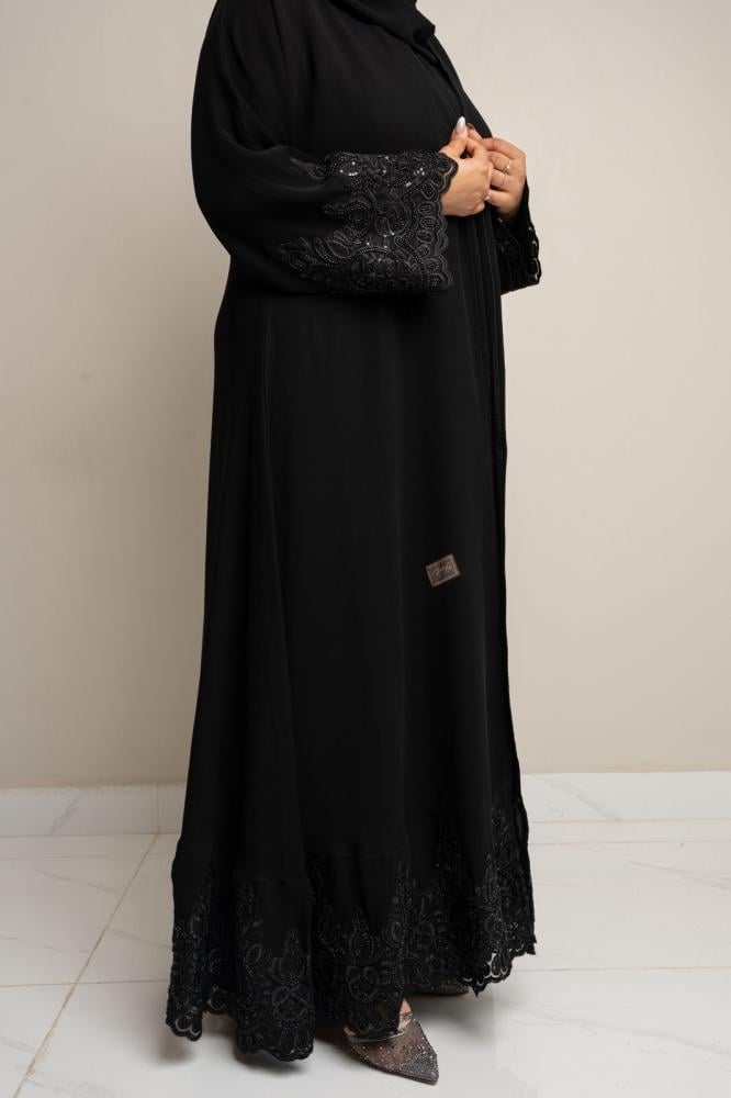 Zahra Sequin Lace Trim Hooded Open Abaya