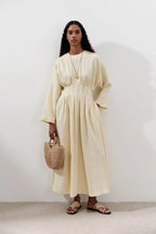 Textured Linen Box Pleated Maxi Dress