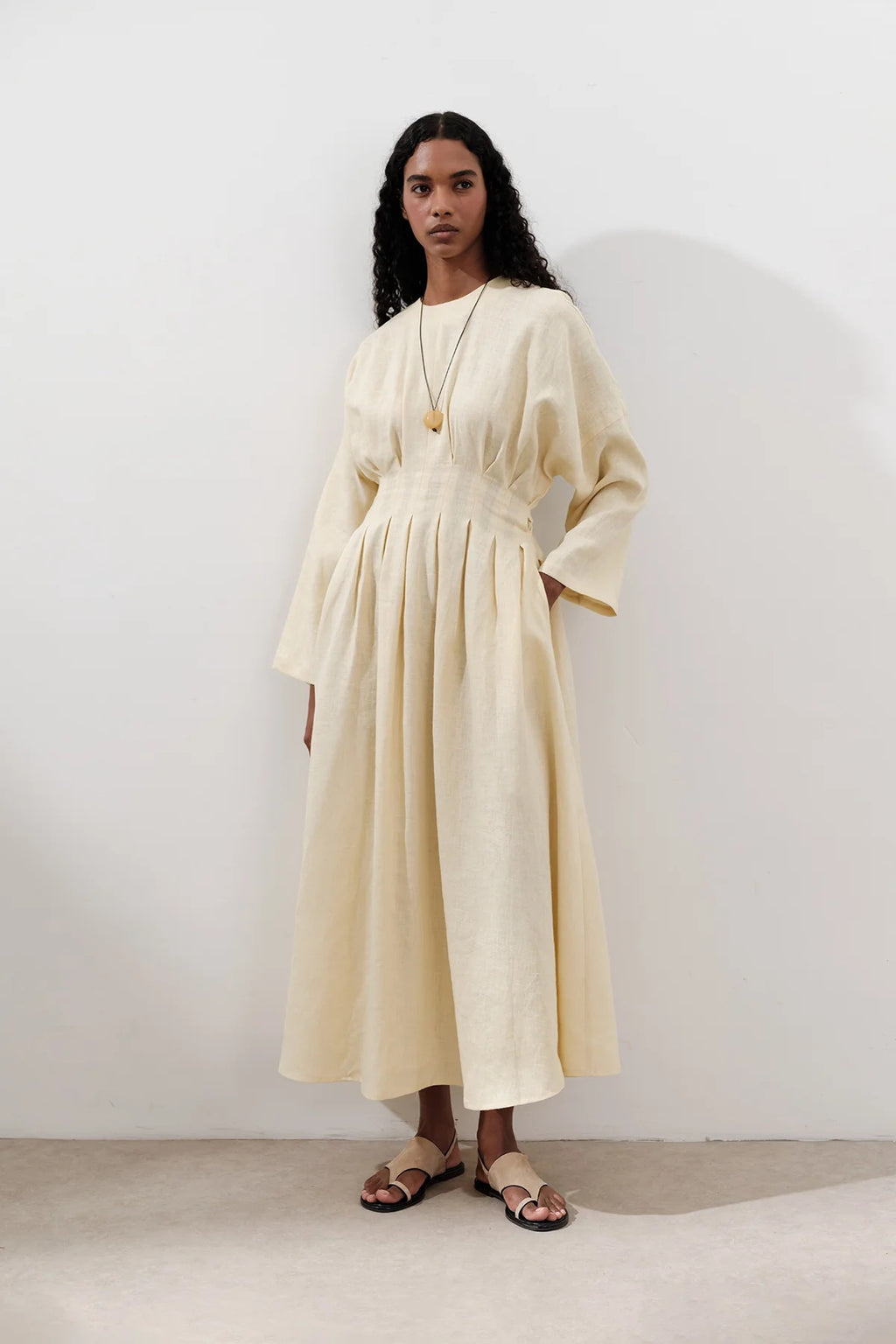 Textured Linen Box Pleated Maxi Dress
