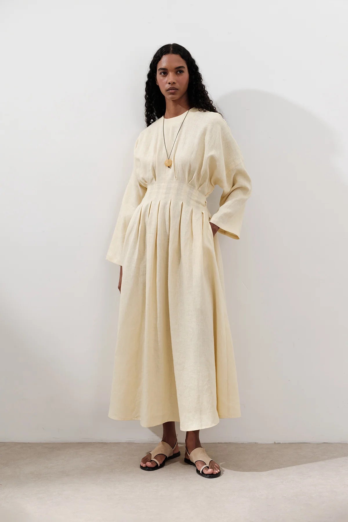 Textured Linen Box Pleated Maxi Dress
