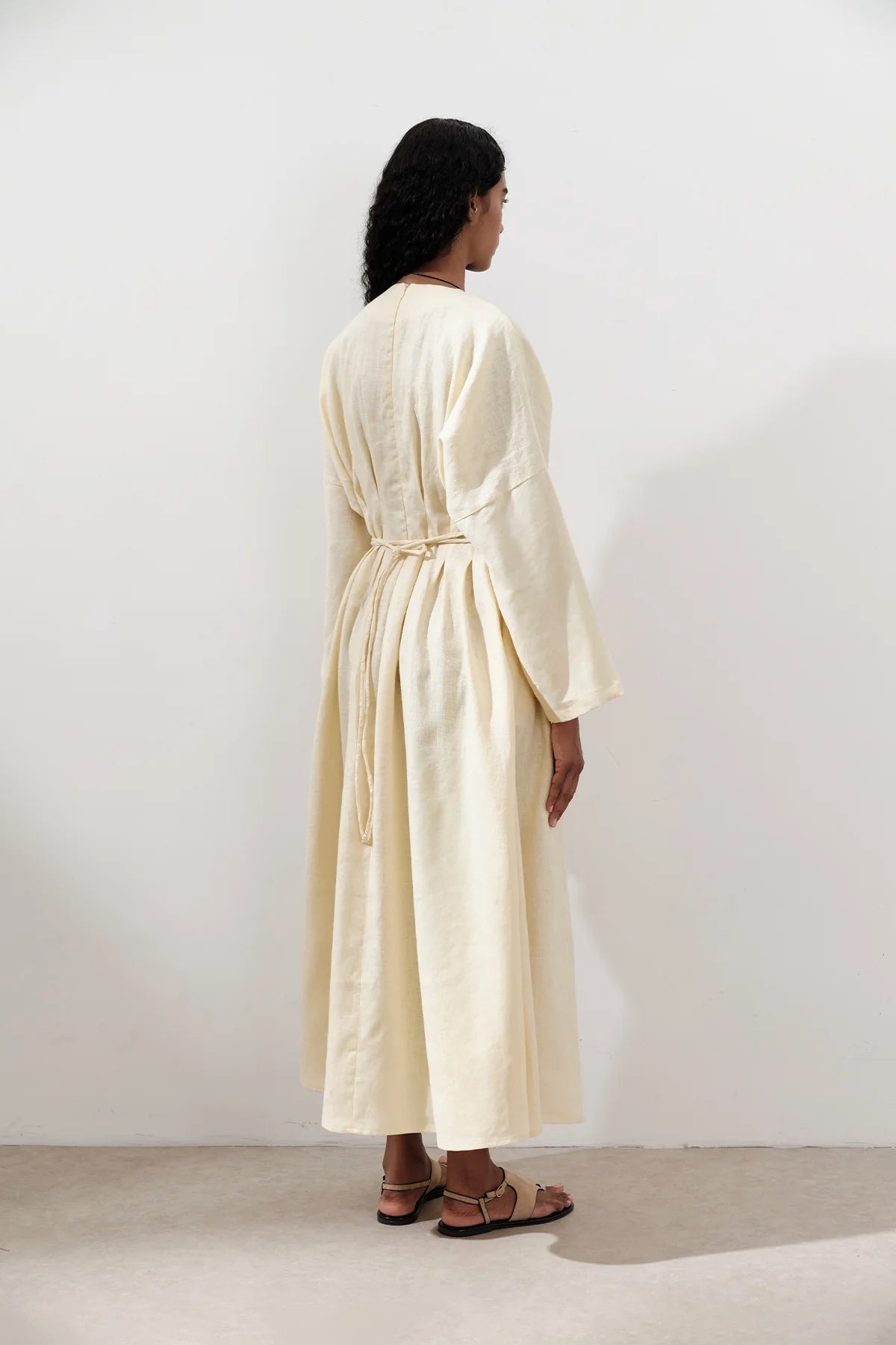 Textured Linen Box Pleated Maxi Dress
