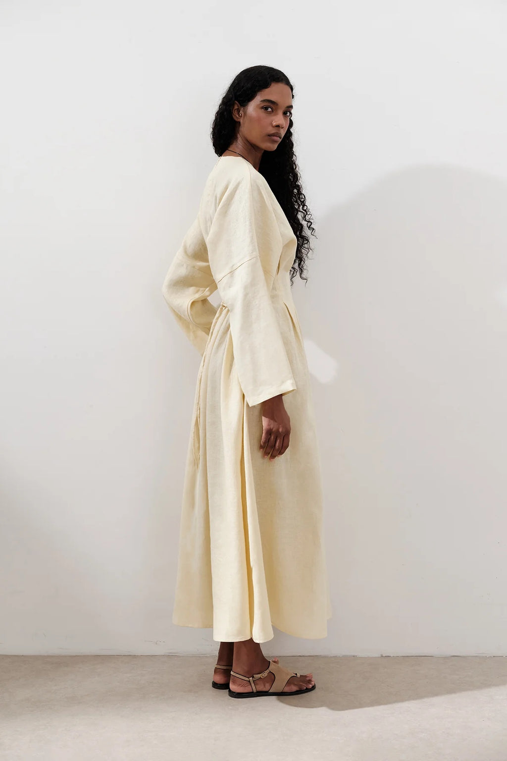 Textured Linen Box Pleated Maxi Dress