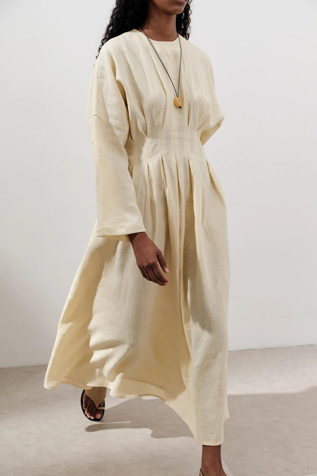 Textured Linen Box Pleated Maxi Dress