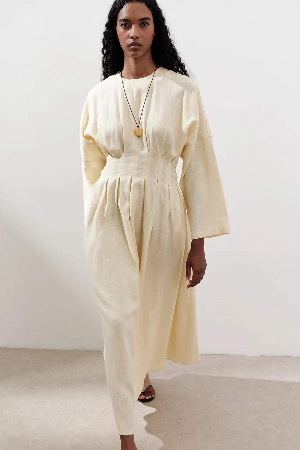 Textured Linen Box Pleated Maxi Dress