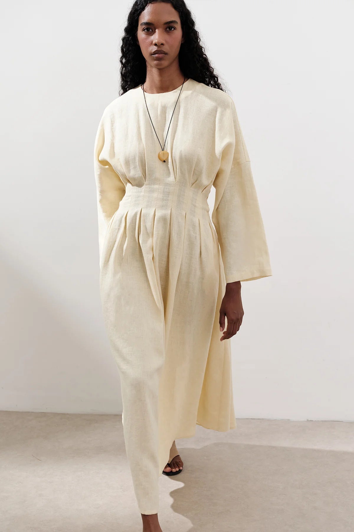 Textured Linen Box Pleated Maxi Dress