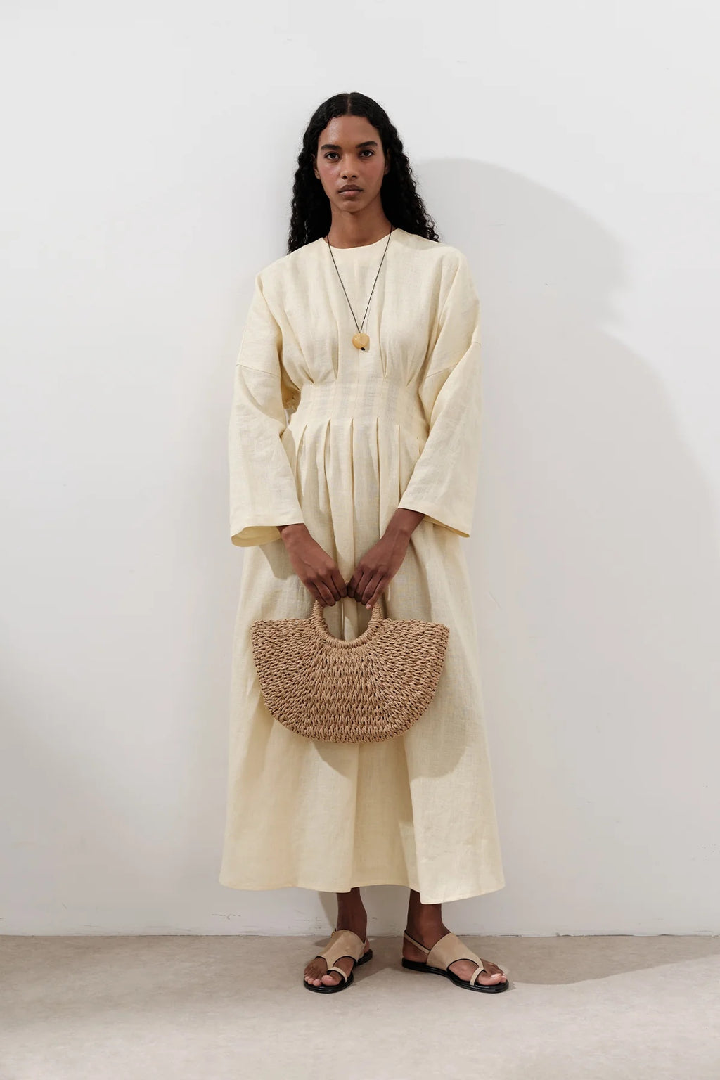Textured Linen Box Pleated Maxi Dress