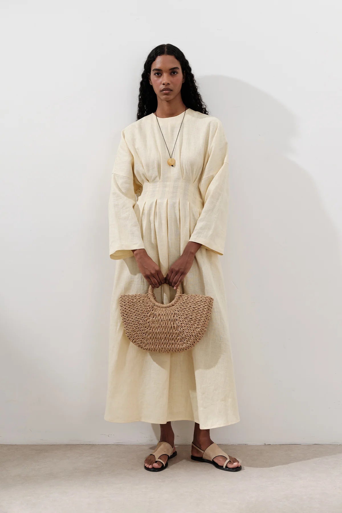 Textured Linen Box Pleated Maxi Dress