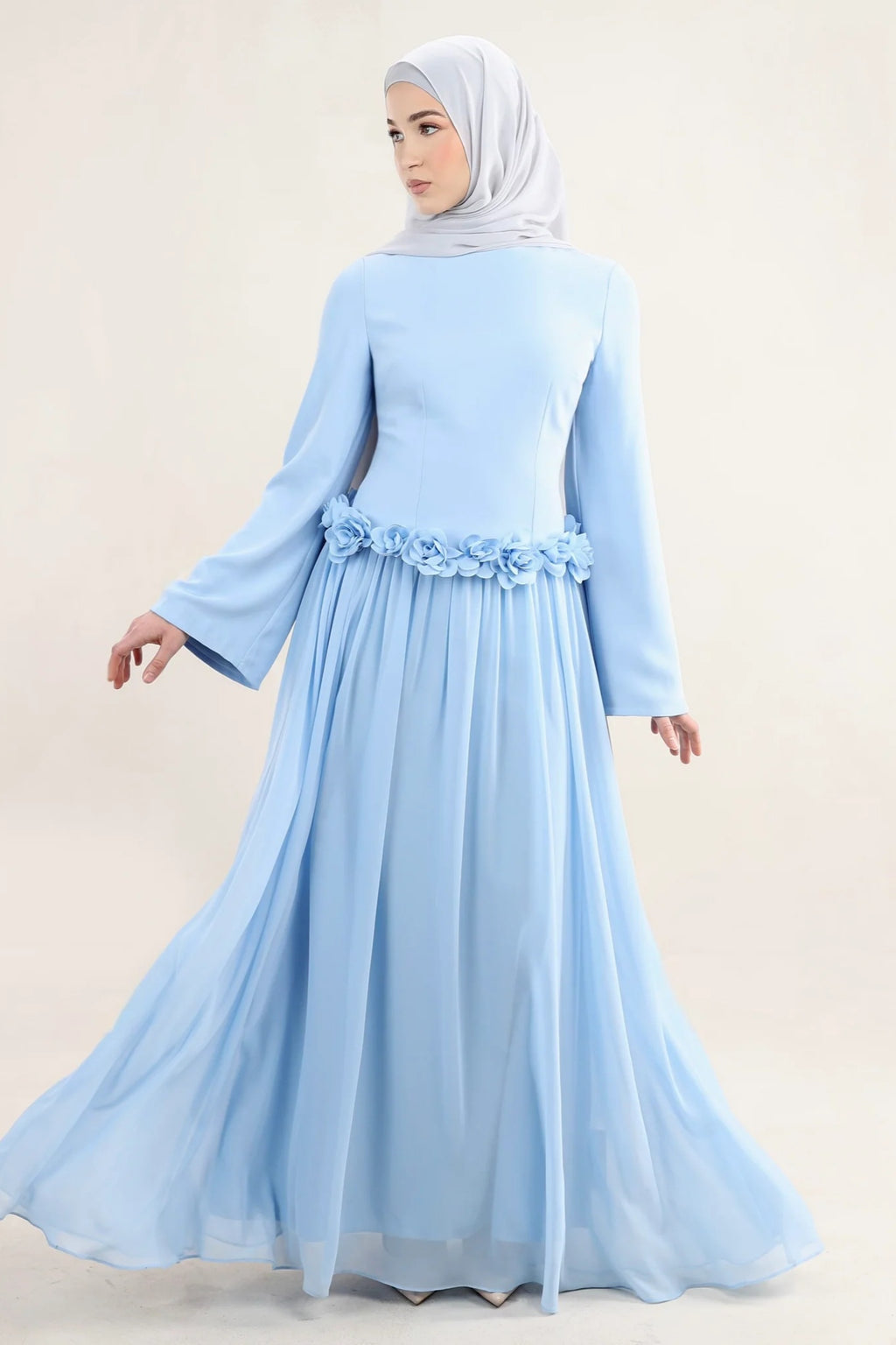 Embroidered Floral Texture Dress-Blue