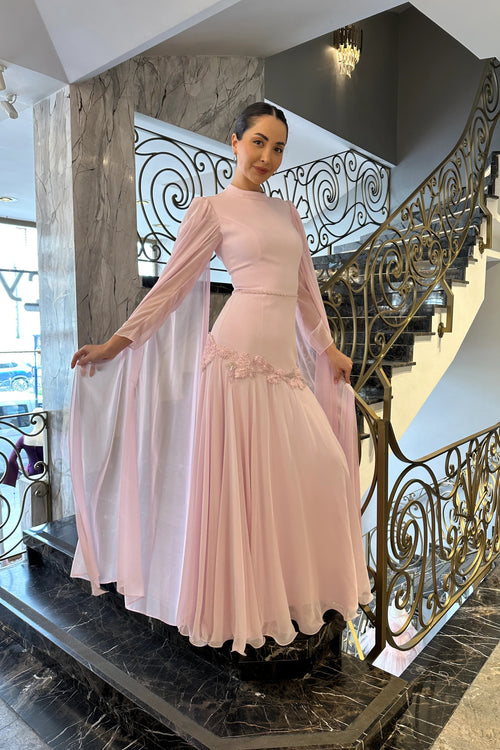 Elara Cape-Sleeve Embellished Mermaid Dress-Pink