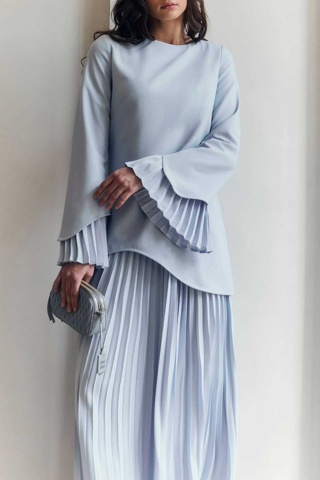 Maren Pleated Layer Midi Dress-Blue