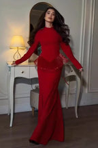 Serina Fringe Trim Mermaid Maxi Dress-Red