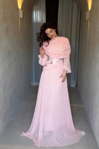 Aria Tulip Embroidered Ruched Shawl Maxi Dress-Pink