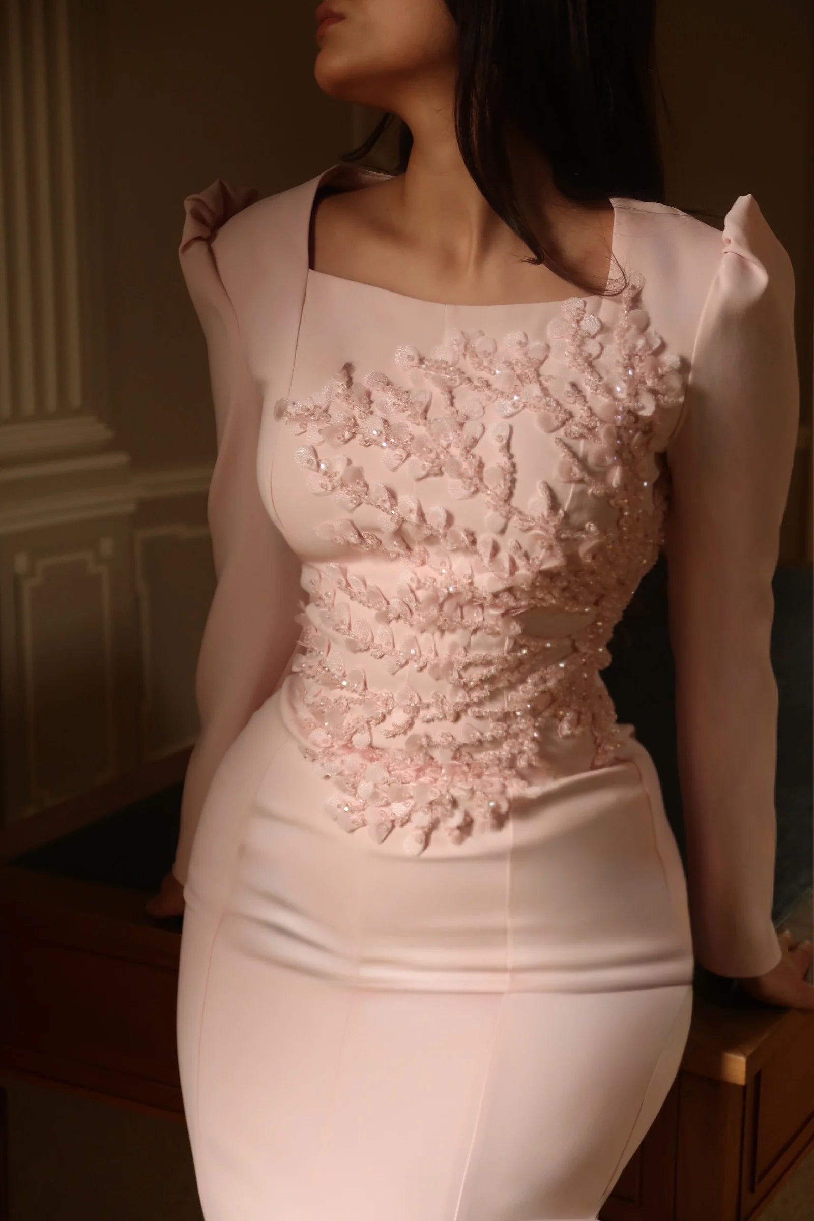 Ivanna 3D Floral Puff Shoulder Mermaid Dress-Pink