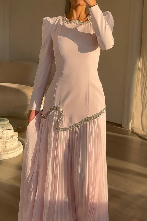 Emily Rhinestone Pleated Maxi Dress-Pink
