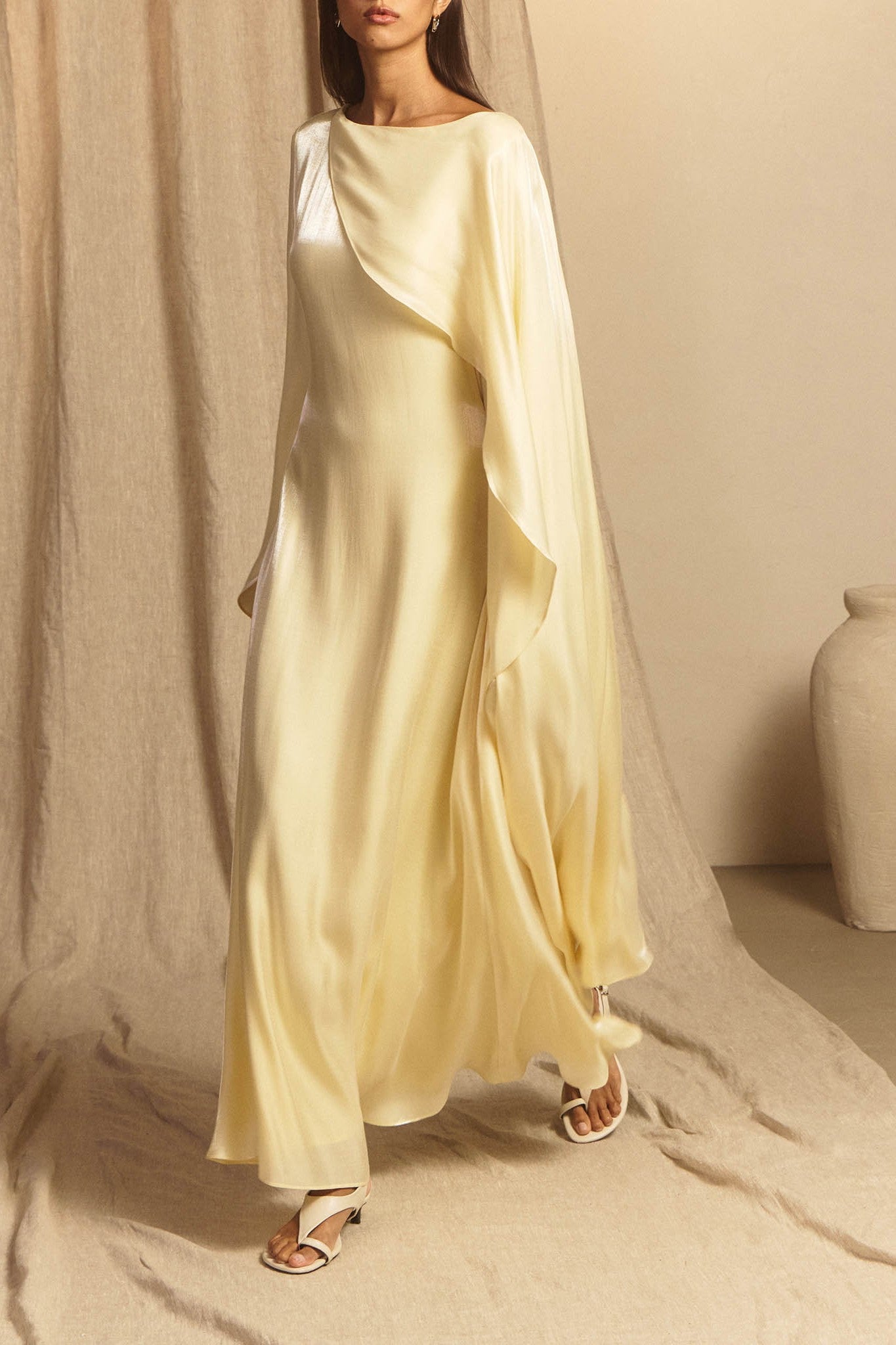 Elegant Cape-Sleeve Modest Maxi Dress-Yellow