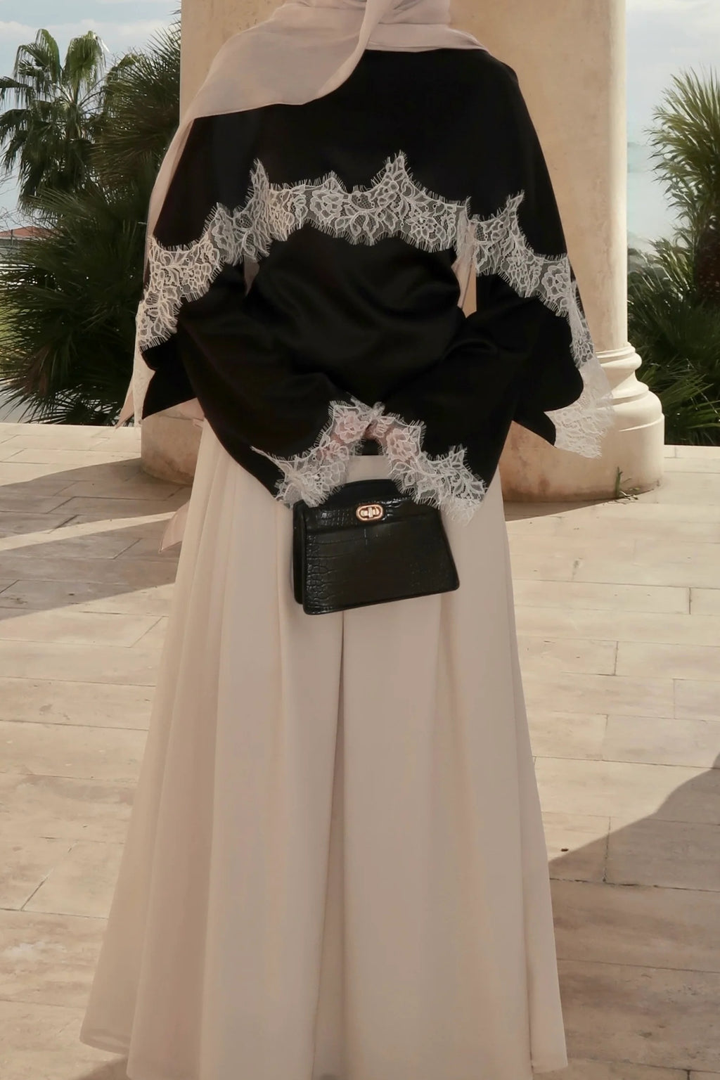 Lace-Trimmed Satin Modest Cape Blouse-Black