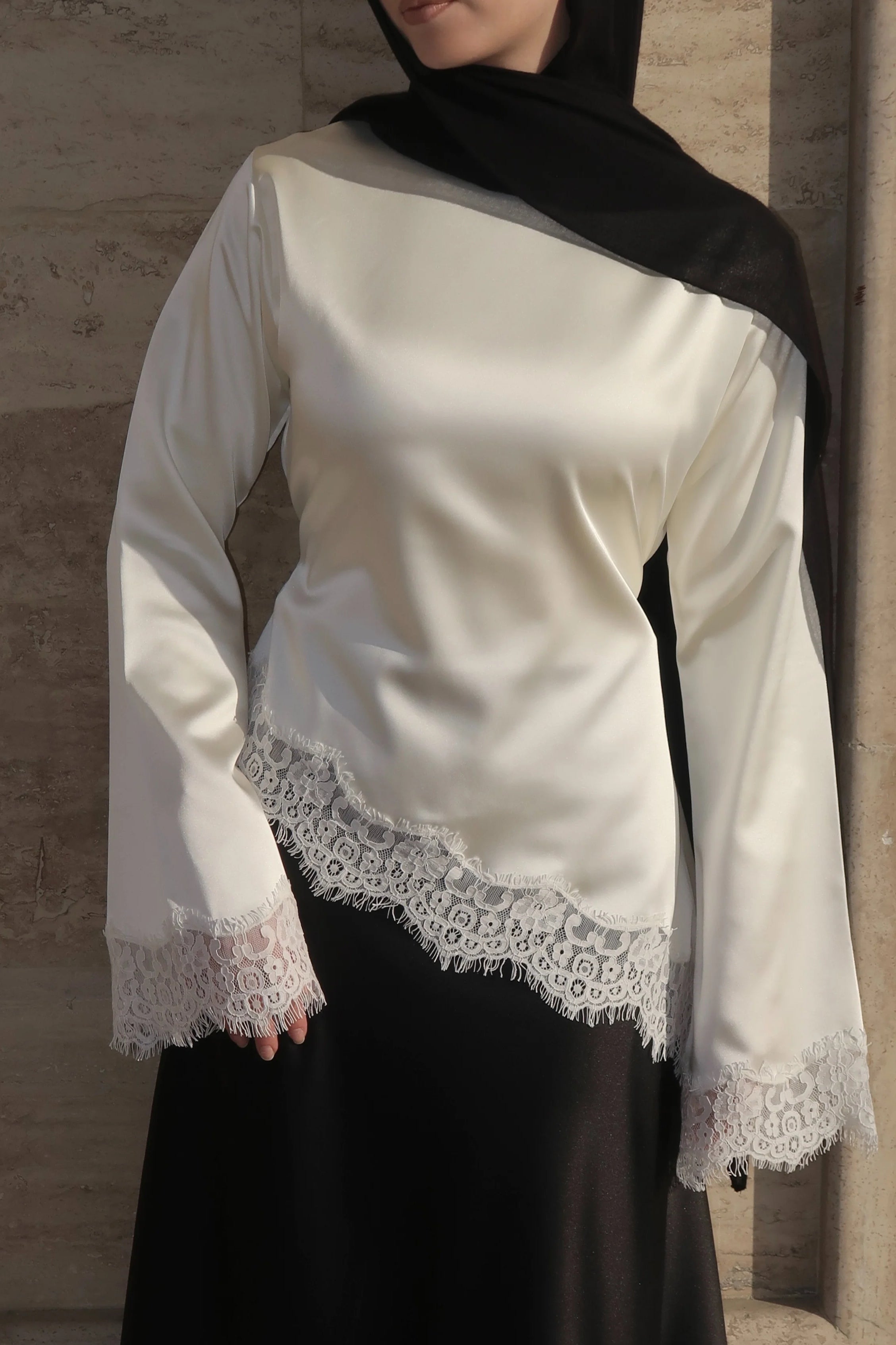 Lace-Trimmed Satin Modest Blouse-White
