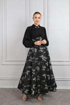 Elegant Gold-Stamped Romantic Long Sleeve Maxi Dress-Black