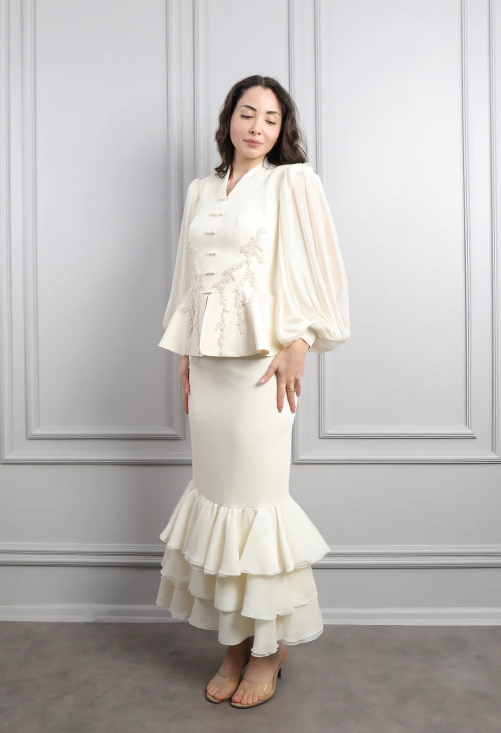 Hana Frog Button Lace Peplum Skirt Set-Apricot