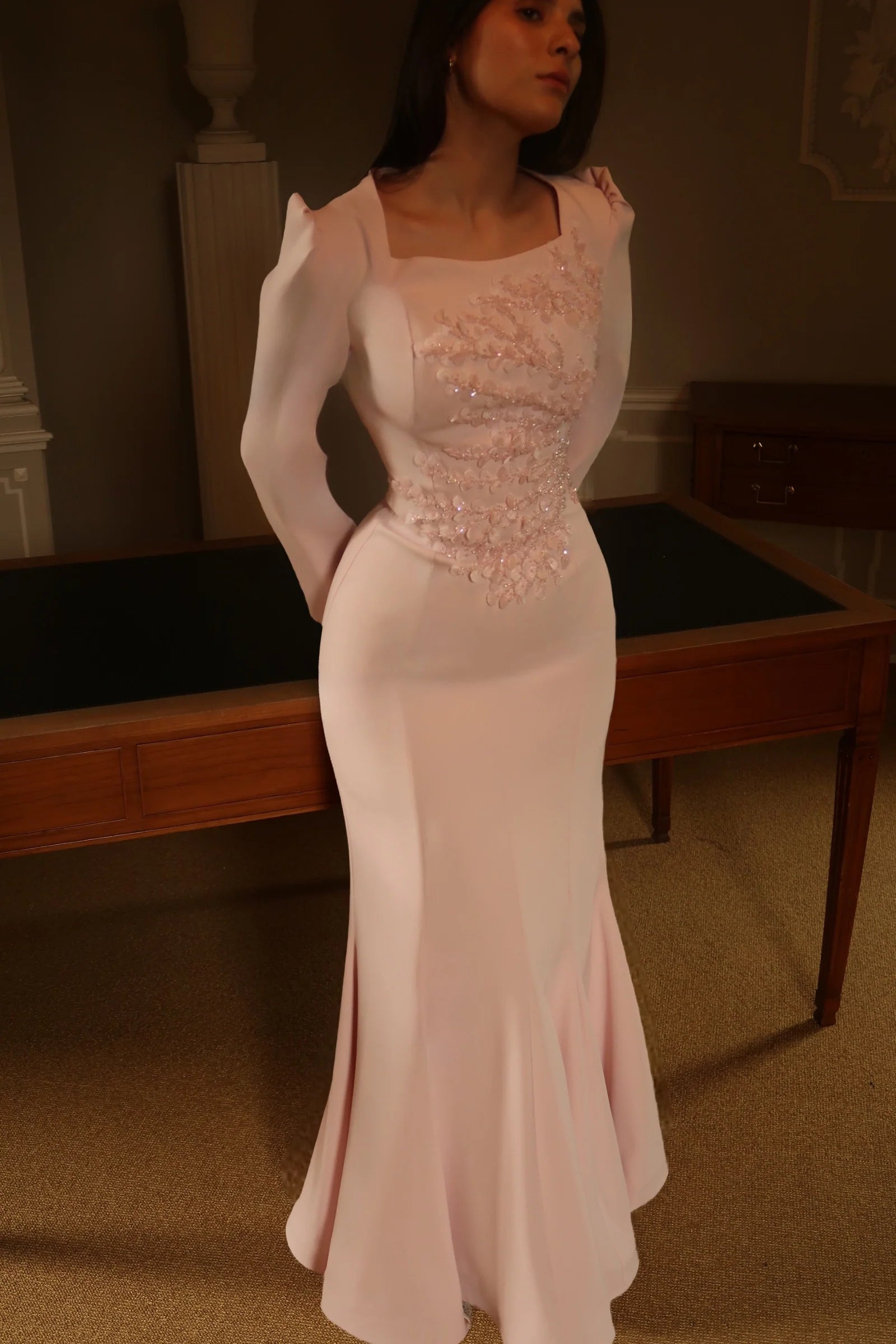 Ivanna 3D Floral Puff Shoulder Mermaid Dress-Pink