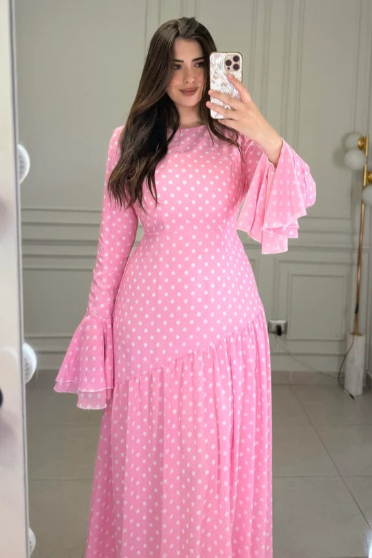 Bella Polka Dot Asymmetrical Maxi Dress-Pink