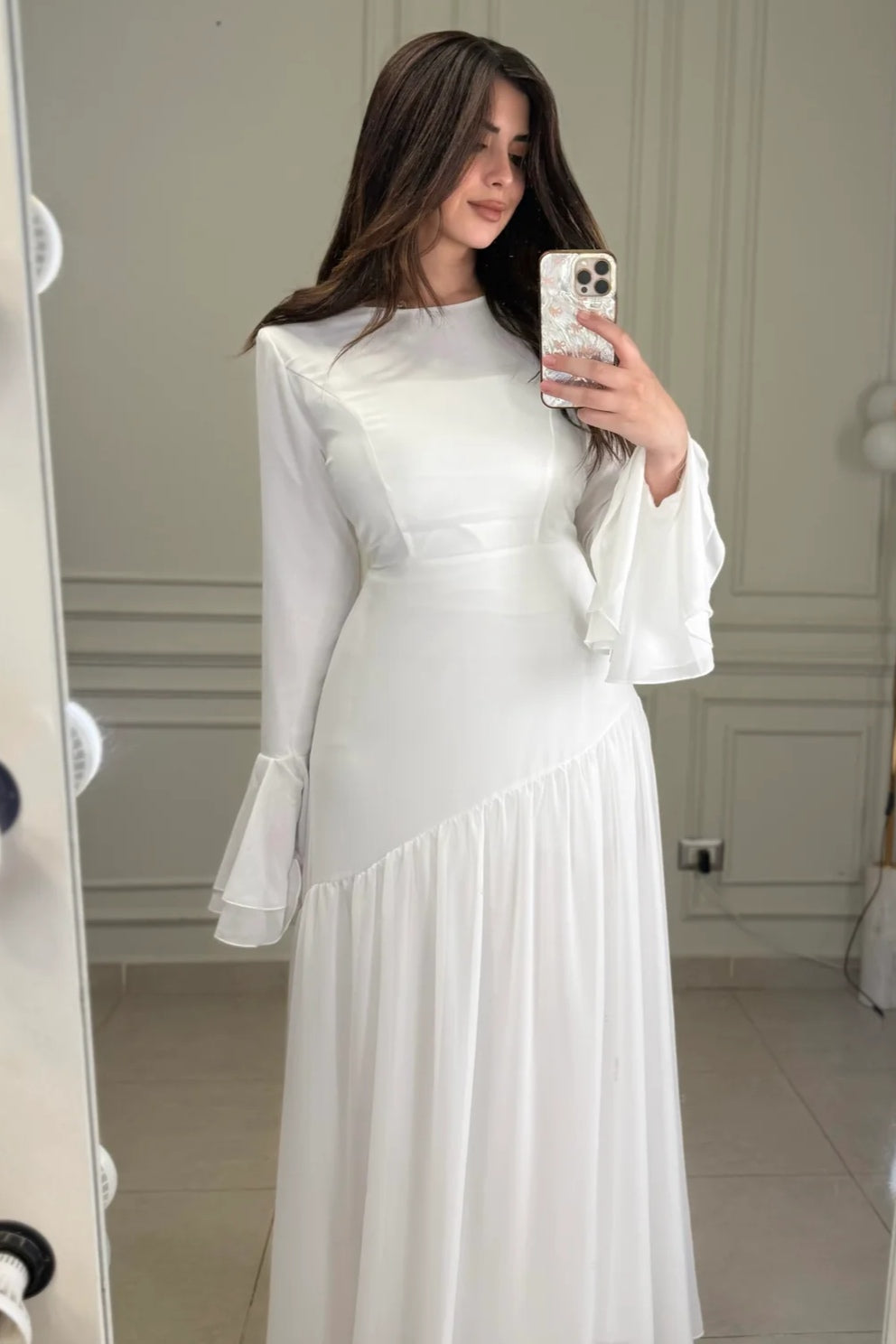 Chloe Shimmer Asymmetrical Chiffon Maxi Dress-White