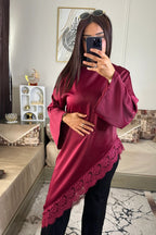 Lace-Trimmed Asymmetric Satin Modest Tunic-DarkRed