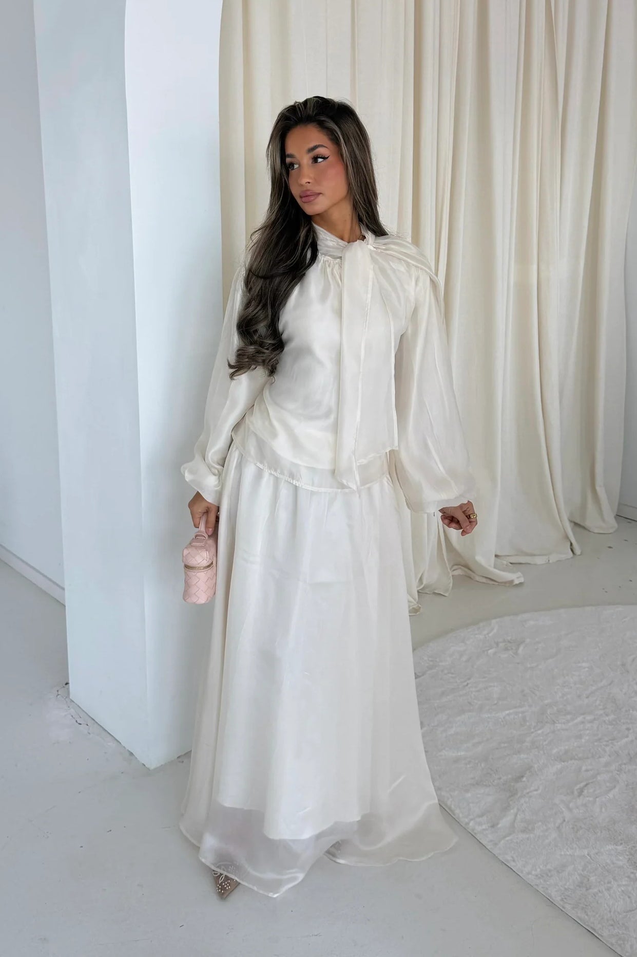 Luminous Organza Tie Neck Maxi Dress-White