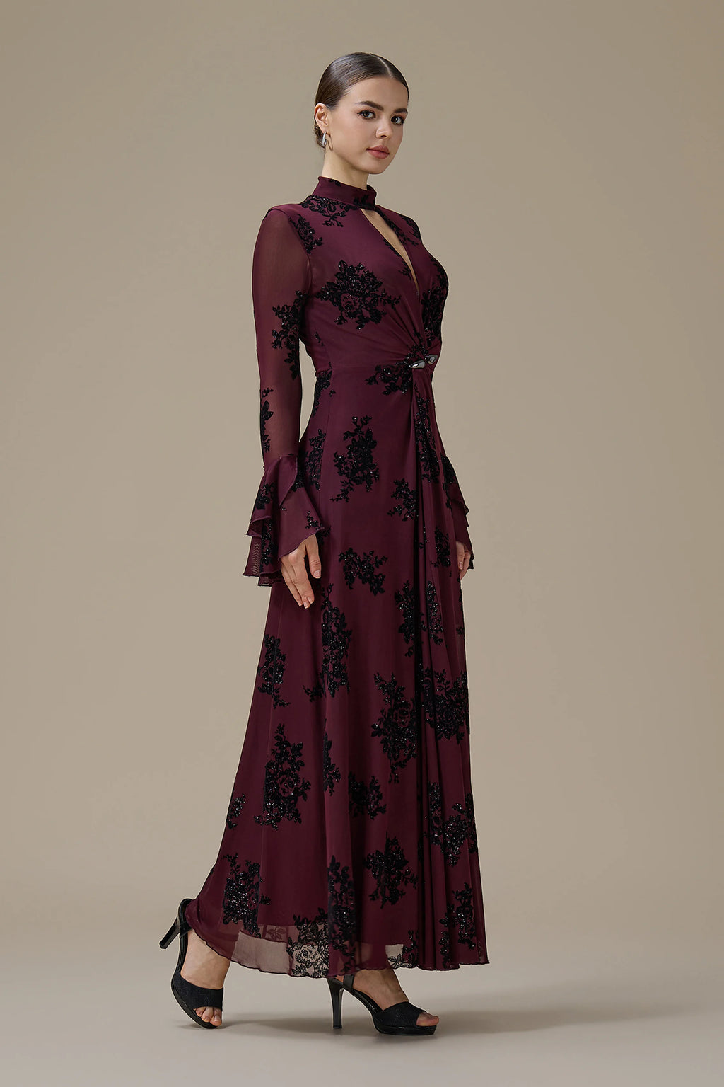 Kaia Twist Front Flare Sleeve Maxi-Wine
