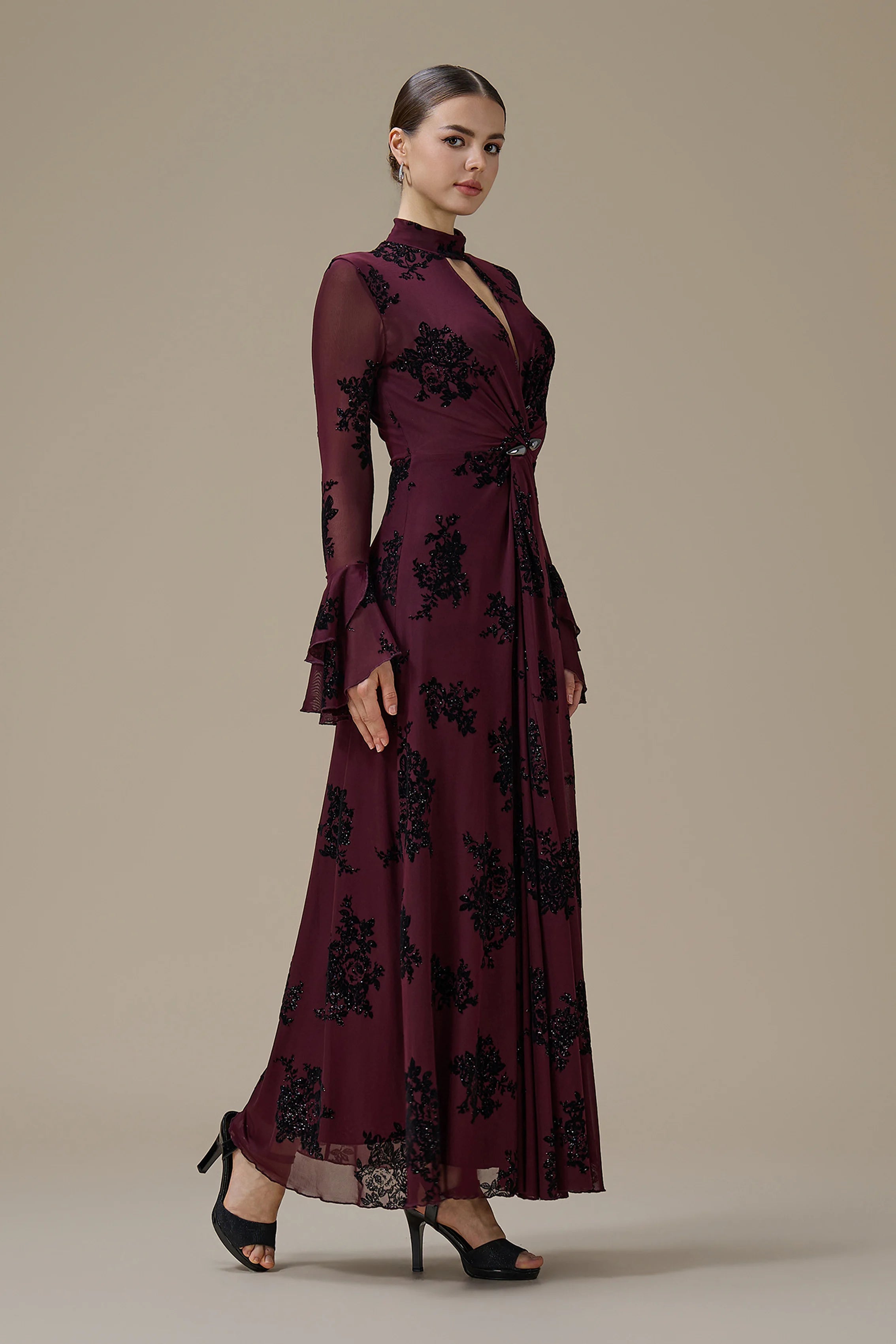 Kaia Twist Front Flare Sleeve Maxi-Wine