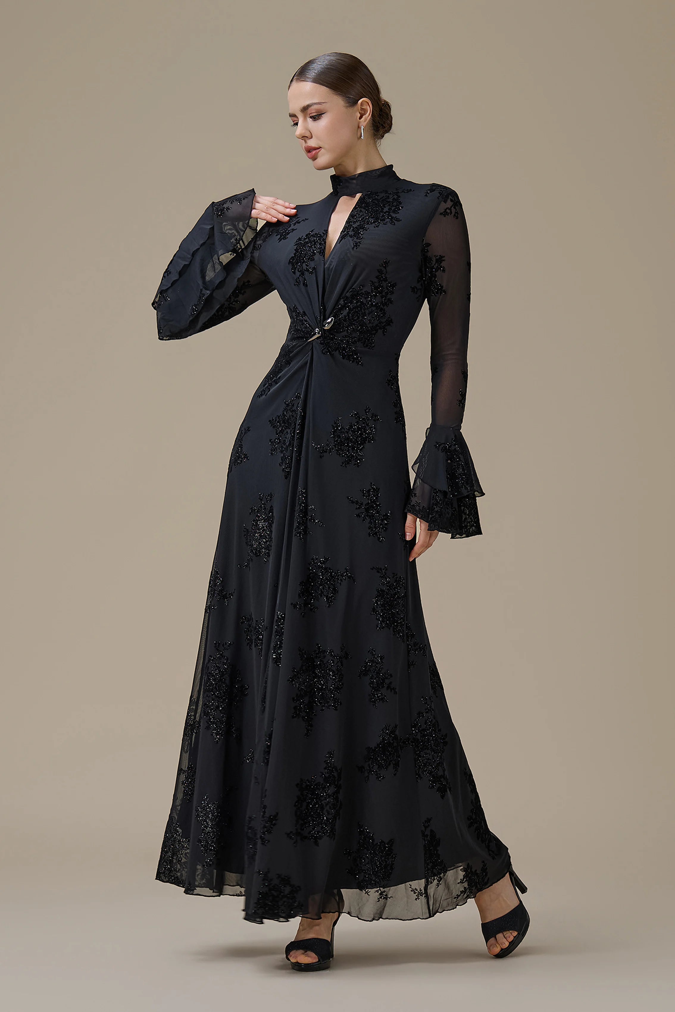 Kaia Twist Front Flare Sleeve Maxi-Black