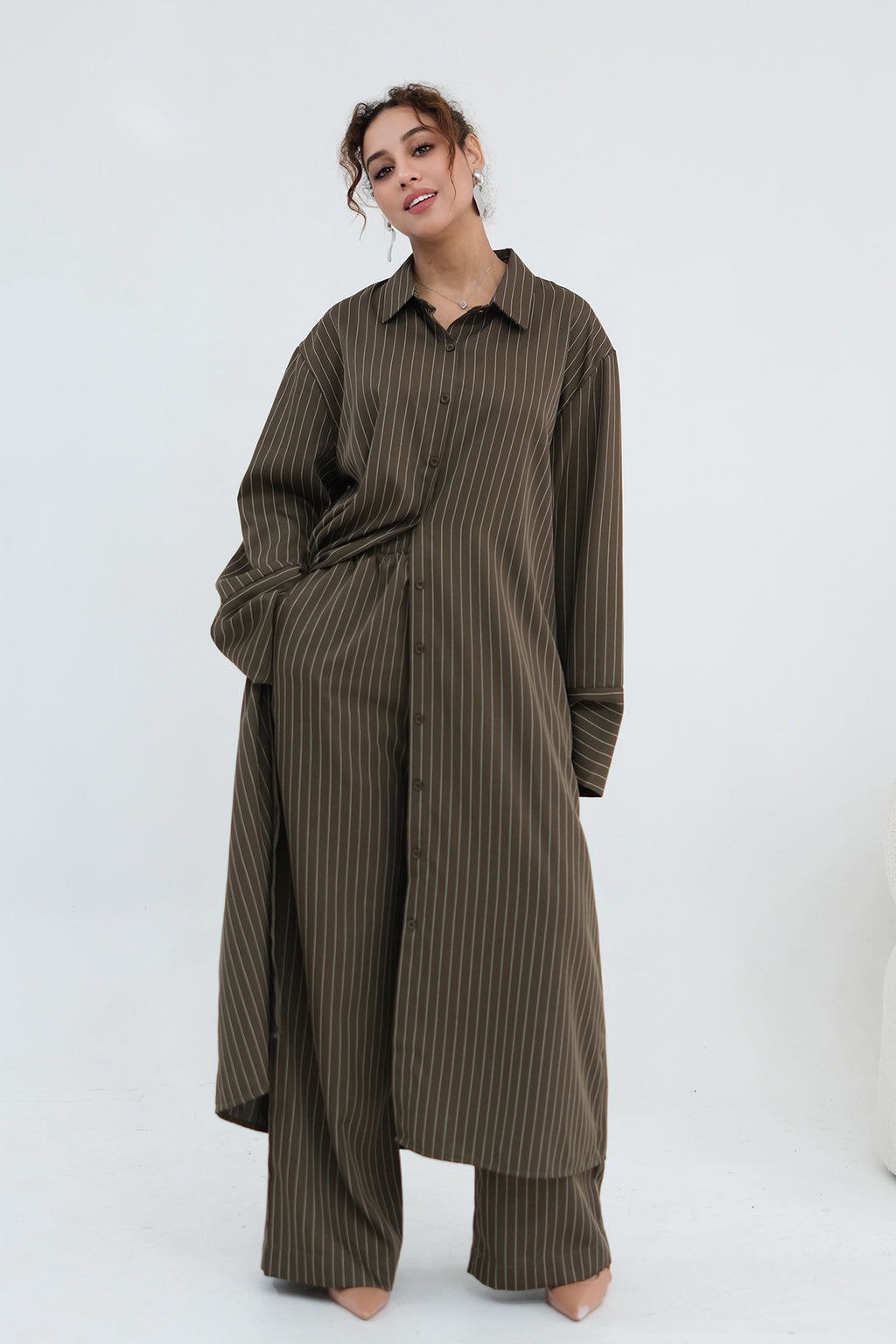 Muna Striped Shirt Long Two Piece Set-Green
