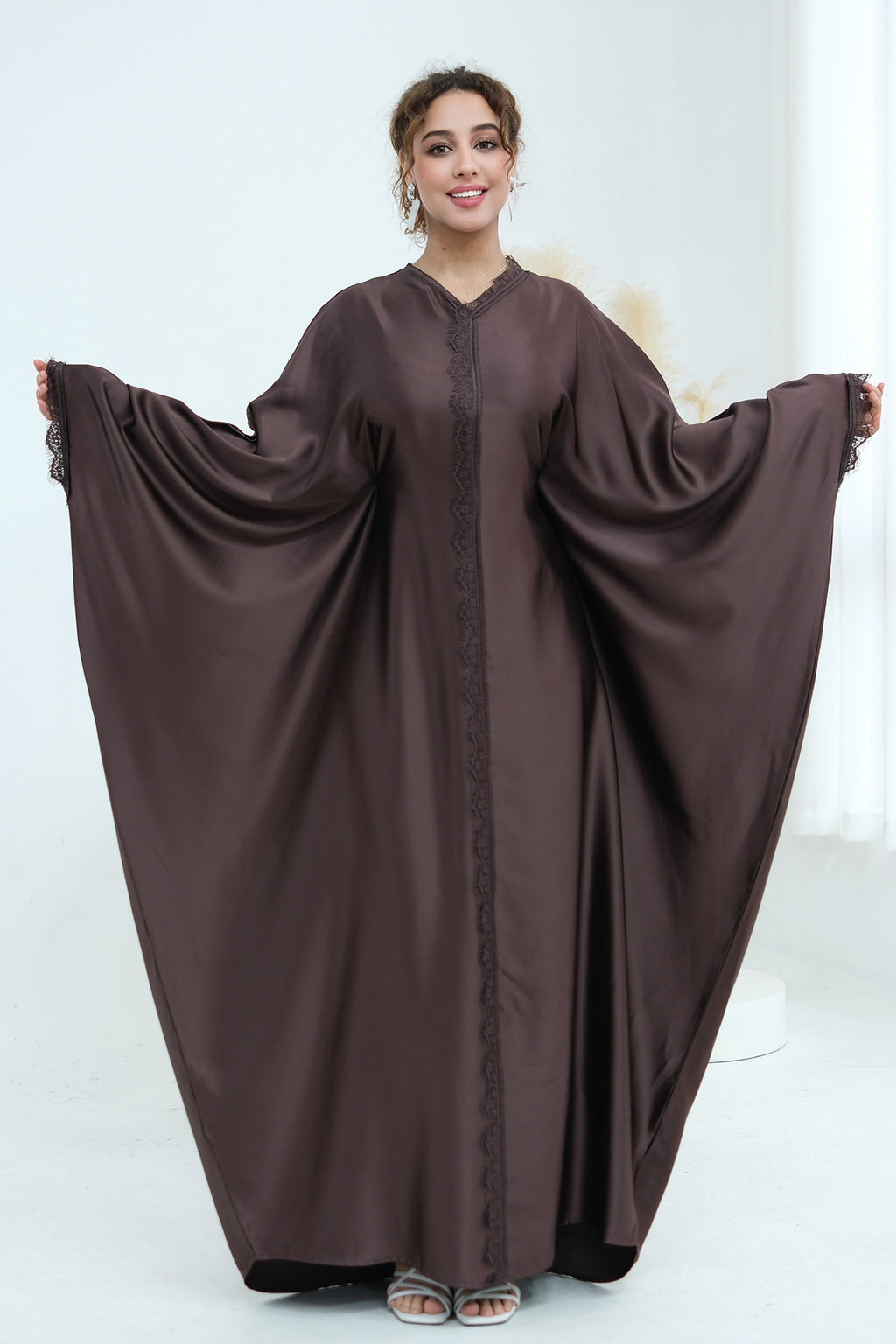 Sara Lace Trim Batwing Satin Abaya-Coffee