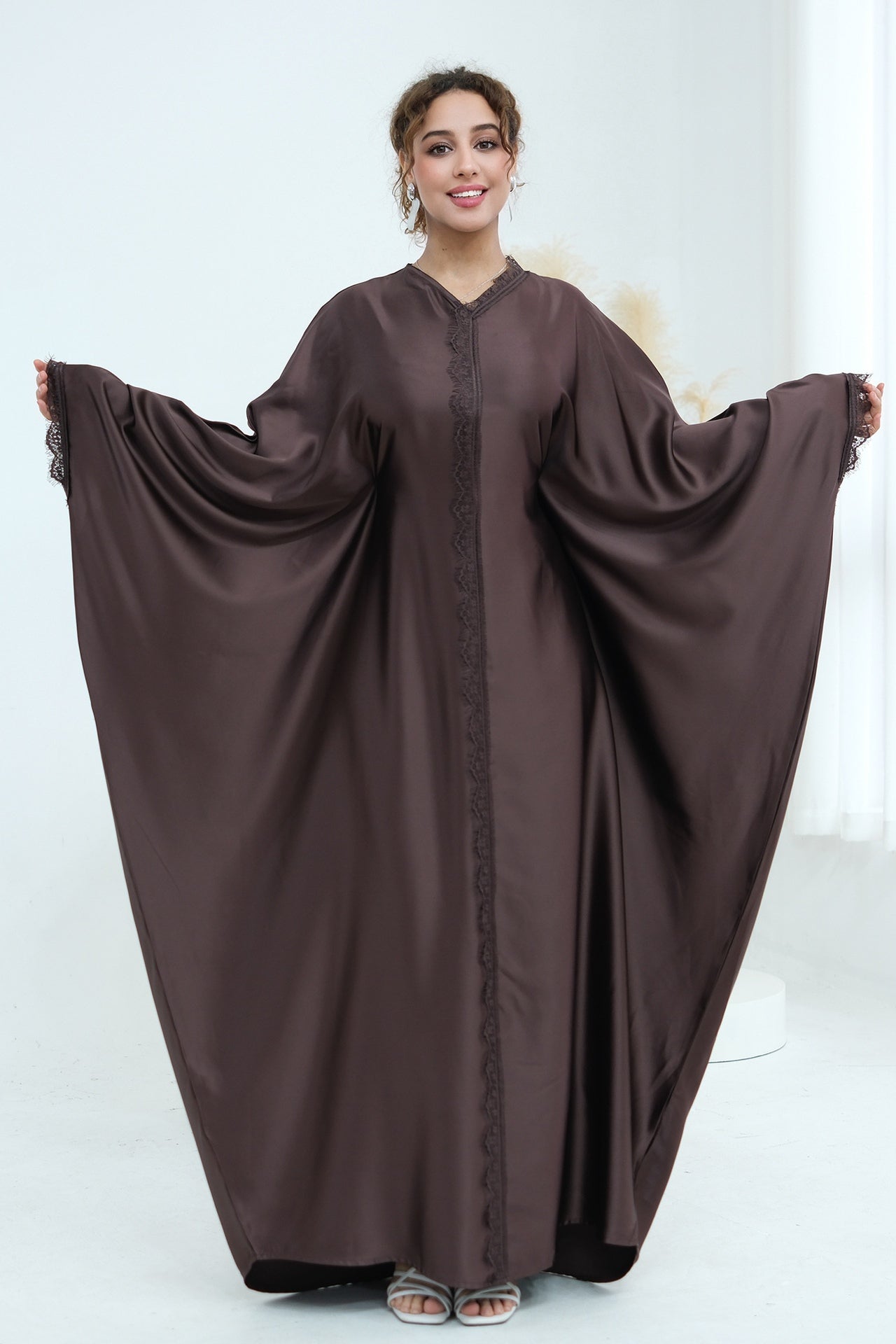 Sara Lace Trim Batwing Satin Abaya-Coffee