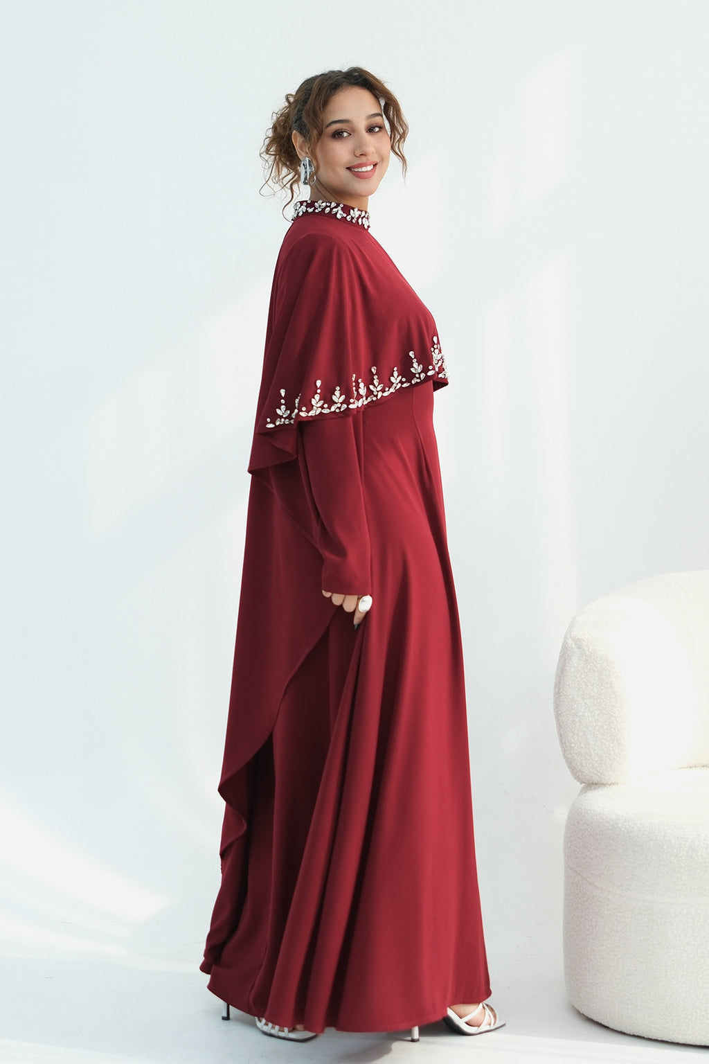 Maya Rhinestone Cape Layer Maxi Dress-Wine