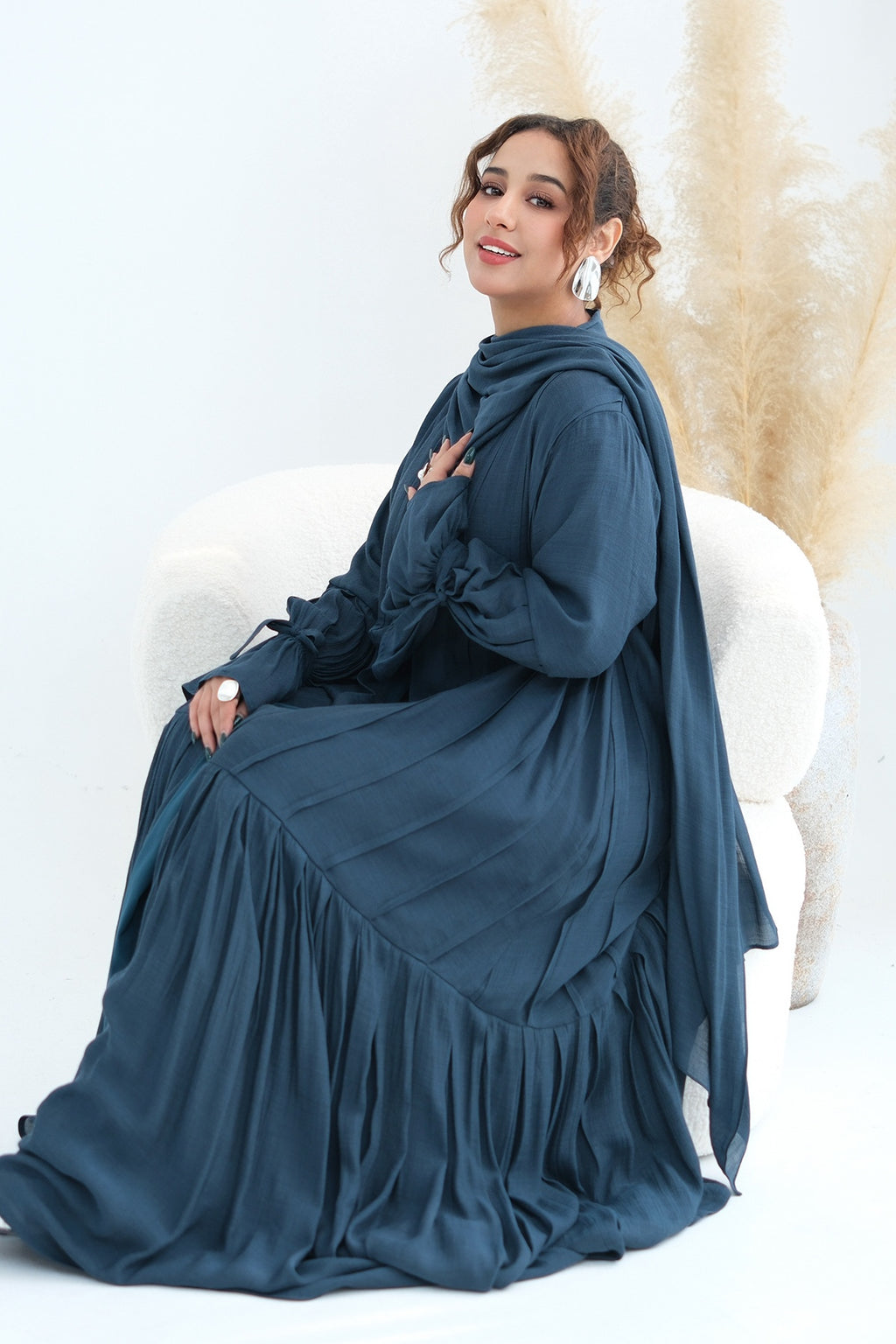 Rahma Tiered Flare Cuff Open Abaya-Blue
