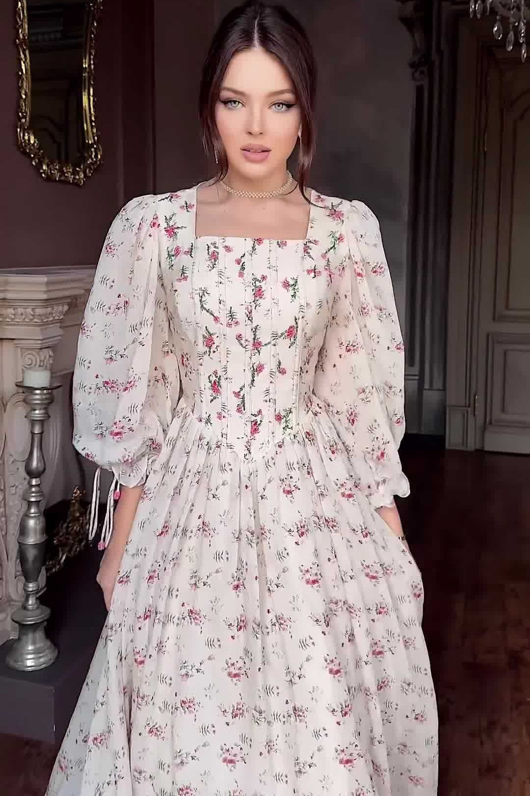 Sophia Square Neck Puff Sleeve Floral Maxi Dress-Pink