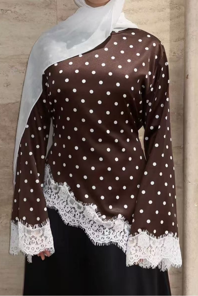Zahra Polka Dot Lace Trim Satin Blouse-Coffee