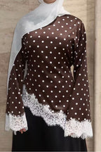 Zahra Polka Dot Lace Trim Satin Blouse-Coffee