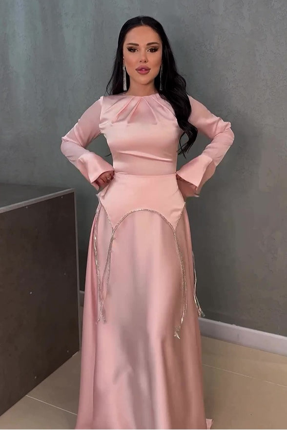 Ayla Flare Sleeve Chain Trim Satin Maxi-Pink