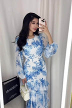 Sylvia Blue Floral Asymmetrical Ruffle Midi